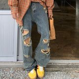 FOESCE American vibe style pants, high street trendy brand, yellow mud dyed washed distressed jeans, men's retro street wide leg long p