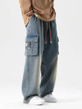 FOESCE 2025 Autumn New Men's Cargo Jeans Big Size 8XL 7XL 6XL String Banding Cotton Wide Leg Denim Pants Straight Baggy Jean Trousers