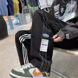 FOESCE Spring Autumn Contrast Color Bloomers Trousers Pockets Elastic High Waisted Striped Men's Clothing England Style Casual Pants