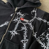 American Gothic Letter Print Zip Hoodie Y2K Retro Streetwear Hip Hop Loose Harajuku Casual Fashion Street Trend Men Clothing