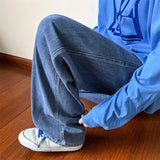 FOESCE New Korean Fashion Men's Baggy Jeans High Street Man Straight Denim Wide-leg Pants Hip Hop Bagy Light Blue Grey Black