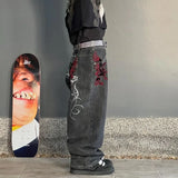 Y2K Streetwear Baggy Jeans Men Harajuku Trend Embroidery Pattern Hip Hop Vintage Denim Pants Straight Casual Wide Leg Trousers