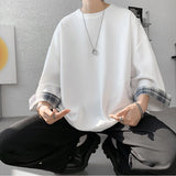 FOESCE  men t shirts Summer Men's T-shirts Women Oversized 2XL Korean Style Loose Plaid T-shirt Casual Seven sleeves T-Shirt Male White