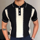 Men's Luxury Knitted Short Sleeve Polo Shirt Casual Patchwork Lapel Zipper Fashion Solid Color Knitwear Summer Clothing 2024 New