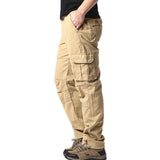 FOESCE Large Pocket Loose Overalls Men's Outdoor Sports Jogging Tactical Pants Elastic Waist Pure Cotton Casual Work Pants