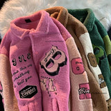 FOESCE 2025 Women Clothing Jackets Loose Letter Embroidery Winter Clothes Women Jacket High Street Vintage Sherpa Coat Women Tops