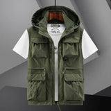 FOESCE Spring New Outdoor Hooded Fishing Vest Mens Solid Breathable Multi-Pocket High Quality Vest Coat Detachable Hat Sports Vest Male