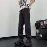 FOESCE Jacquard Pattern JEANS MEN 2025 NEW  Denim Pants Male Straight Fitting Baggy Bottoms Distressed Wide Jeans For Men