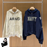 FOESCE Stain Fake Two Pieces Grailz Project Hole Damage Zipper Hoodie Men Women Vintage Distress Badge Print Sweatshirts Loose Jacket