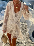 FOESCE Long Sleeve Fashion Patchwork Mini Dress, Spring Summer Women V Neck Chic Party Dress, 2025 New Beach Style Lace-Up Ladies Dress