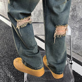 FOESCE 2025 Washed old torn jeans, men's summer American style street ruffians, handsome pants, trendy high street straight pants