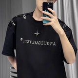 FOESCE Mens Summer Short Sleeve T-shirt Metal Buckle Design Streetwear Korean Trendy Casual Loose Top Tees Personality Letter Pullover