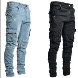 FOESCE Men Street Elastic Denim Jeans Wash Solid Color Multi Pockets Cargo Pants Casual Slim Fit Daily Wear Joggers Mid Waist Trousers