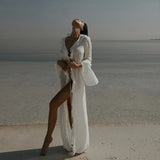 FOESCE Irregular Ruffles Dress Women's Chic V Neck Long Sleeve Lace Up Beach Dress Summer 2025 Fashion Lady Vacation Cover Up