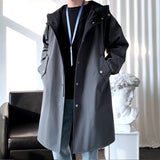 FOESCE Trench Men Fashion Turn Down Collar Hooded Trenchcoat Autumn Single-breasted Loose Windbreaker Casual Overcoat Fake Two Piece