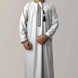 FOESCE New Muslim Men Long Sleeve Pullover Dress Abaya Daffah Jubba Thobe Pakistan Saudi Arab Kaftan Islam Clothing Prayer Robe Afghan
