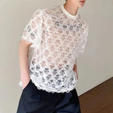 FOESCE Summer Men's O Neck T-shirt Loose Short Sleeve Sexy Sheer Lace Tee Shirts New Fashion 2025 New Trendy Menwear Unisex Pullover