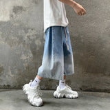 FOESCE Korean Fashion Men Gradient Denim Shorts Wide Leg  Jorts Jeans Man Summer Streetwear Oversize Casual Baggy Jeans Shorts