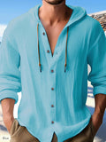 FOESCE Summer Men's Linen Shirt Solid Streetwear Long Sleeve Hoodie Cardigan Clothing For Men Button Tops Casual Loose Men Hooded Shirt