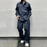 FOESCE Mens Casual Shirt Wide-Leg Pants Suit 2025 New Genderless Fashion Trend Vacation Solid Color Loose Simple Two-Piece Set Unisex