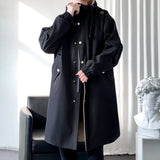 FOESCE Trench Men Fashion Turn Down Collar Hooded Trenchcoat Autumn Single-breasted Loose Windbreaker Casual Overcoat Fake Two Piece