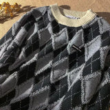 FOESCE Autumn and Winter New Checkered Sweater Men's Trendy Brand Japanese Hong Kong Style Loose Retro Casual Trendy Knitted Sweater