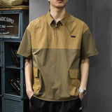 FOESCE Summer Men's Patchwork Half Zip Short Sleeve Polo T Shirt Casual Lapel Pocket Cargo Golf Wear High Street Fashion Polos Hombre