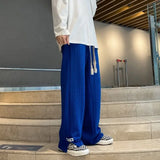 FOESCE Men High Street Sweatpants Fashion Loose Casual Side Slit Straight-Leg Pants Vintage Blue Jacquard Casual Bottoms Male Clothes