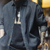FOESCE Maden Retro Loose Long-sleeved Denim Shirt Checkered Lapel Single-breasted Jacket for Men Spring and Fall Versatile Outerwear