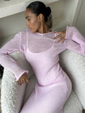 FOESCE Spring Autumn O-Neck Elastic Knit Long Dresses Women 2025 Elegant Chic Soft Lady Hollowing Sweater Dresses Femme New