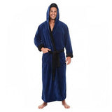 FOESCE Men Nightgown Hooded Long Sleeve Color-Blocked Thickened Plush Robe Lace-up Belt Long Style Thermal Insulation Loungewear