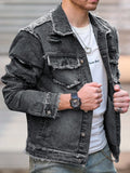 FOESCE 1Pc Men's Four Seasons Destroyed Stone Washed Light Jacket Daily American Street Casual Denim Jacket (No Hood/No Accessories)
