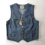 FOESCE Spring New Japanese Retro Denim Striped Cargo Vest Men's Fashion Pure Cotton Washed Sleeveless V-neck Multi-pocket Casual Coat