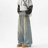 FOESCE Men Baggy Wide Leg Jeans Washed High Street Fashion 2025 Trendy Casual Streetwear Oversized Fit Light Blue Vintage Wash Trousers