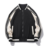 FOESCE Spring and Autumn Men's Standing Neck Spliced Pocket Zipper Stripe Colored Loose Fashion Casual Versatile Long Sleeved Coat