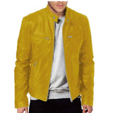 FOESCE Men's Faux Leather Jacket Autumn Fashion Solid Color Zipper Motorcycle Jacket Men's Casual Long Sleeve Zipper Button Jacket