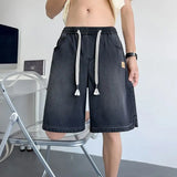 FOESCE Summer New Casual Wide Denim Shorts Men's Baggy Fashion Elastic Waist Drawstring Straight Short Jeans StreetWear men clothing