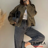 FOESCE TRAFZA Casual Soft Bomber Jackets Women Long Lantern Sleeve Oversized Spring Summer Coats Fashion 2025 Streetwear Zipper Outwear