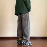 FOESCE New Flower Printed Jeans2025 Vintage Straight Trousers Streetwear American Casual Denim Wide-leg Pants Jeans Jeans Masculina
