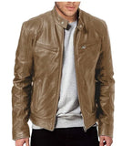 FOESCE Men's Faux Leather Jacket Autumn Fashion Solid Color Zipper Motorcycle Jacket Men's Casual Long Sleeve Zipper Button Jacket