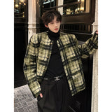 FOESCE Men's Tweed Plaid Blazers Cardigan Autumn Winter Trend Collarless Short Jacket Fashion Green Korean Style Chic Elgance Coat
