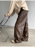 FOESCE PU Leather Pants men Straight 2025new Spring Men's Punk Fashion Hip Hip Men Wide-leg Mopping Trousers Windproof Dark Brown/Black