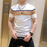 FOESCE British Style Summer Men's Casual T-shirt Fashion Short Sleeve Slim Knitted T-shirt Male Round Neck Business Social Men Clothing