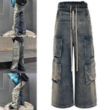FOESCE Men Multi-pockets Pants Gradient Ribbons Drawstring Jeans Baggy Oversized Cargo Trousers Fashion Streetwear Loose