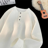 FOESCE Spring 2025 NEW Mens Long Sleeve T Shirts Casual Round Neck Tees Button design White Black Undershirts Loose Fit Tshirts