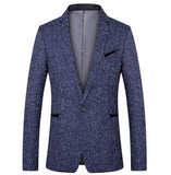 FOESCE Men's suit Blue Cotton Line Slim Fit Single  breasted Dress Formal Turn Down Collar suit jacket 53.99