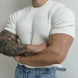FOESCE Men Textured Stretch Training Knitted Short-Sleeved T-Shirt 2025 New Daily Sports Fitness Slim Fit Versatile Comfort Top For Men