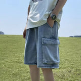 FOESCE 2025 New Multi-pocket Baggy Cargo Jorts For Men Solid Color Breathable Straight Denim Shorts Y2K Streetwear Distressed Bermudas