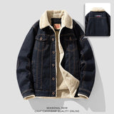 Classic American Vintage Washed Cotton Autumn and Winter Lamb Fleece Denim Men Plush Warm Flip Collar Youth Jacket