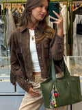 FOESCE Vintage Tassel Single Breasted Jackets Women Casual Long Sleeved Flip Pockets Outerwear Fashion Autumn Streetwear Coats 2025